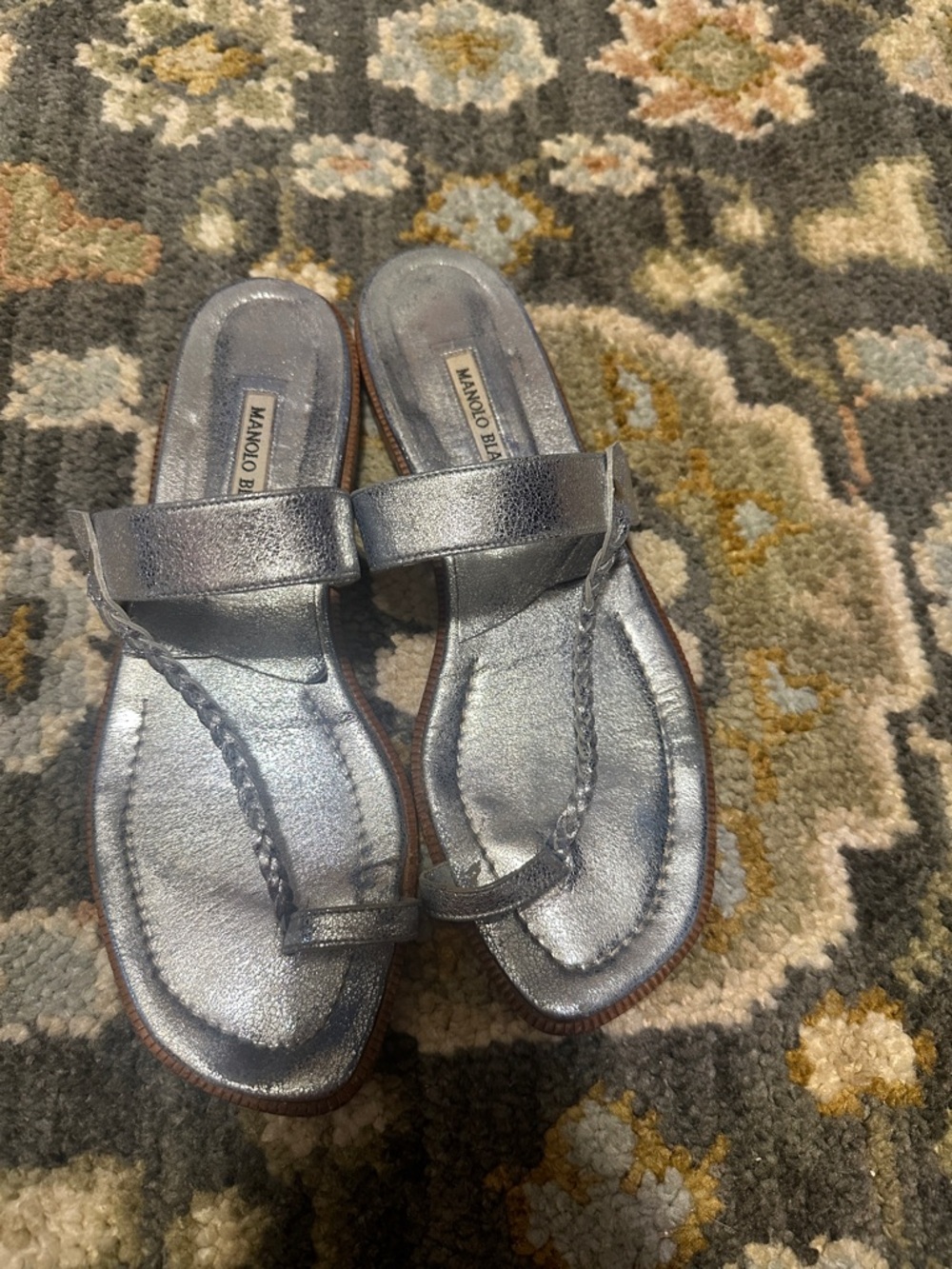 Manolo Blahnik Silver Metallic Braided Toe-Loop Sandals